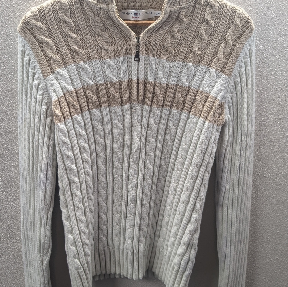 Vintage Tommy Hilfiger Cream Beige Womens Cableknit Quarter Zip Sweater L Preppy